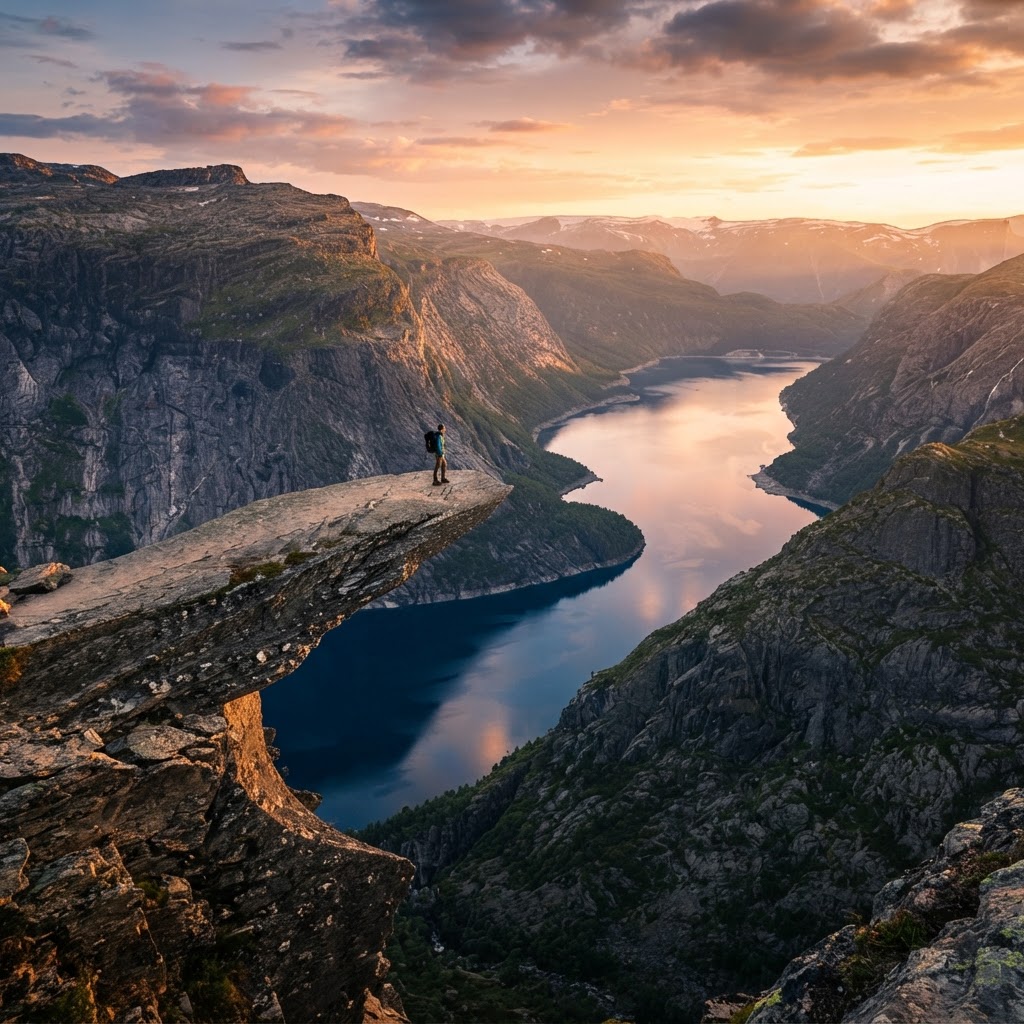 trolltunga hike at sunset